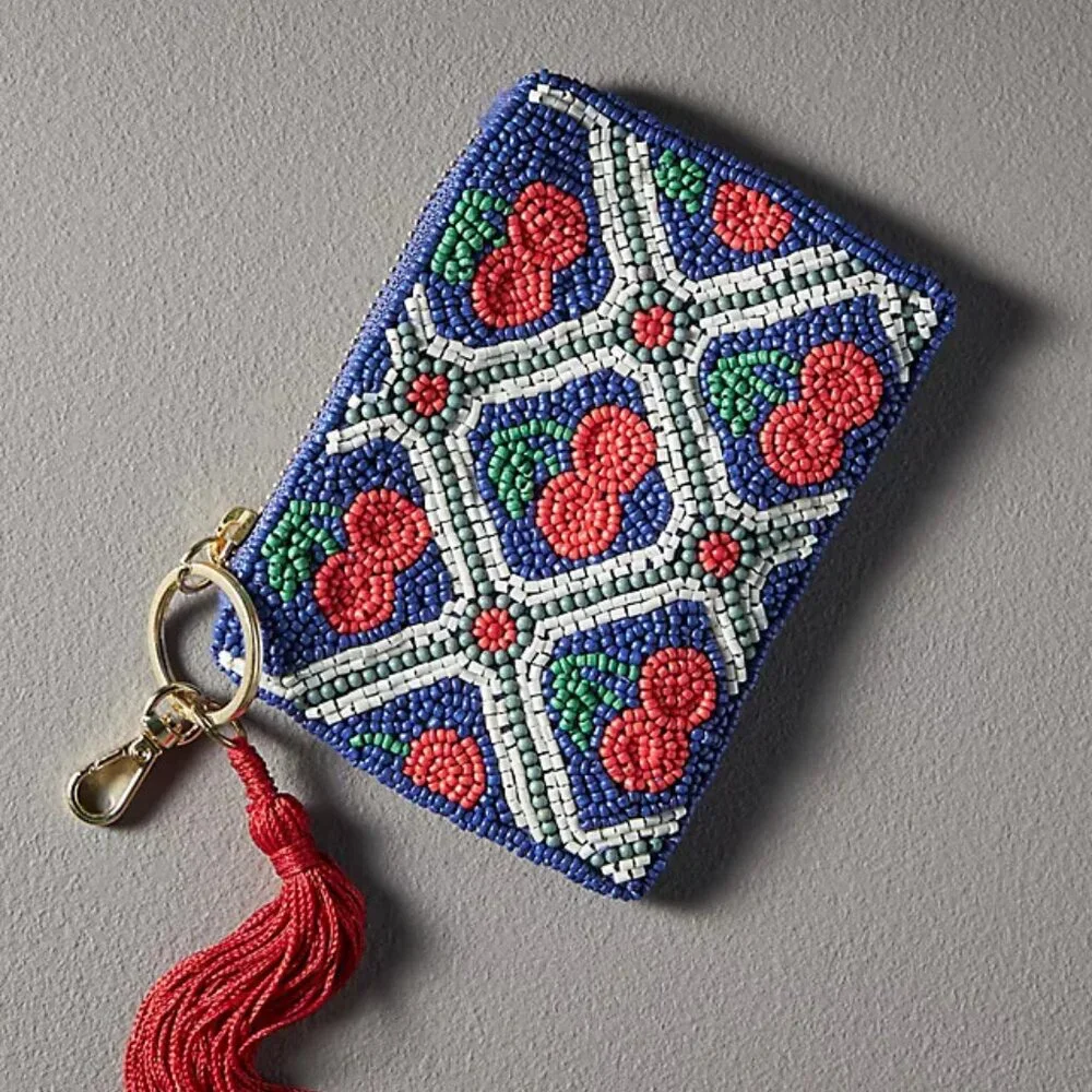 Anthropologie CHERRIES Beaded Coin Purse: Lucky Icons Edition blue red Gift Card